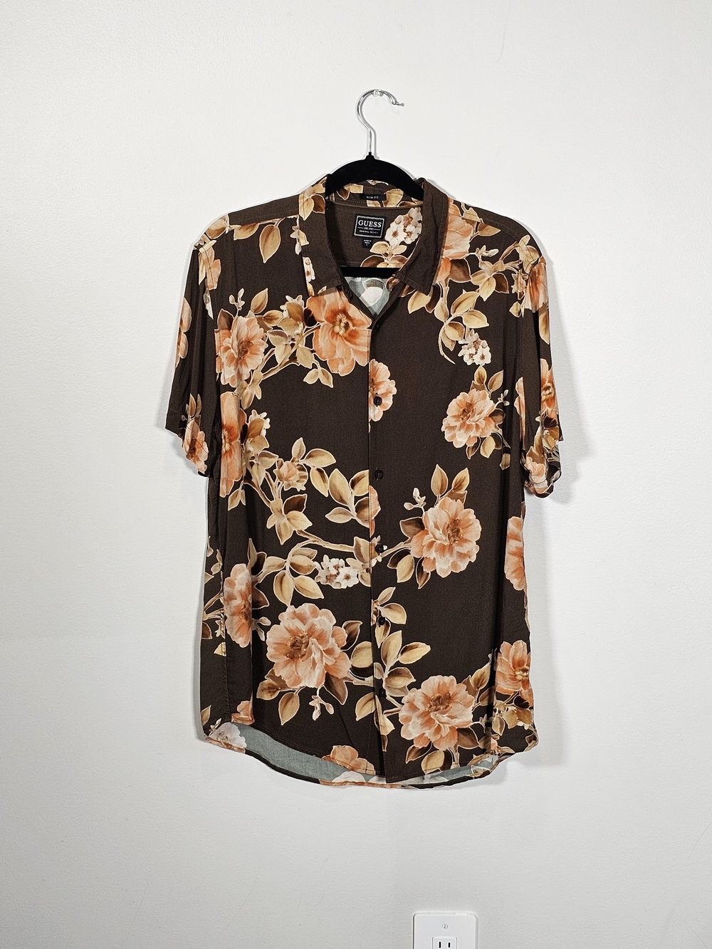 GUESS Brown Floral Short-Sleeve Shirt - Orange Blossom Print Sz L